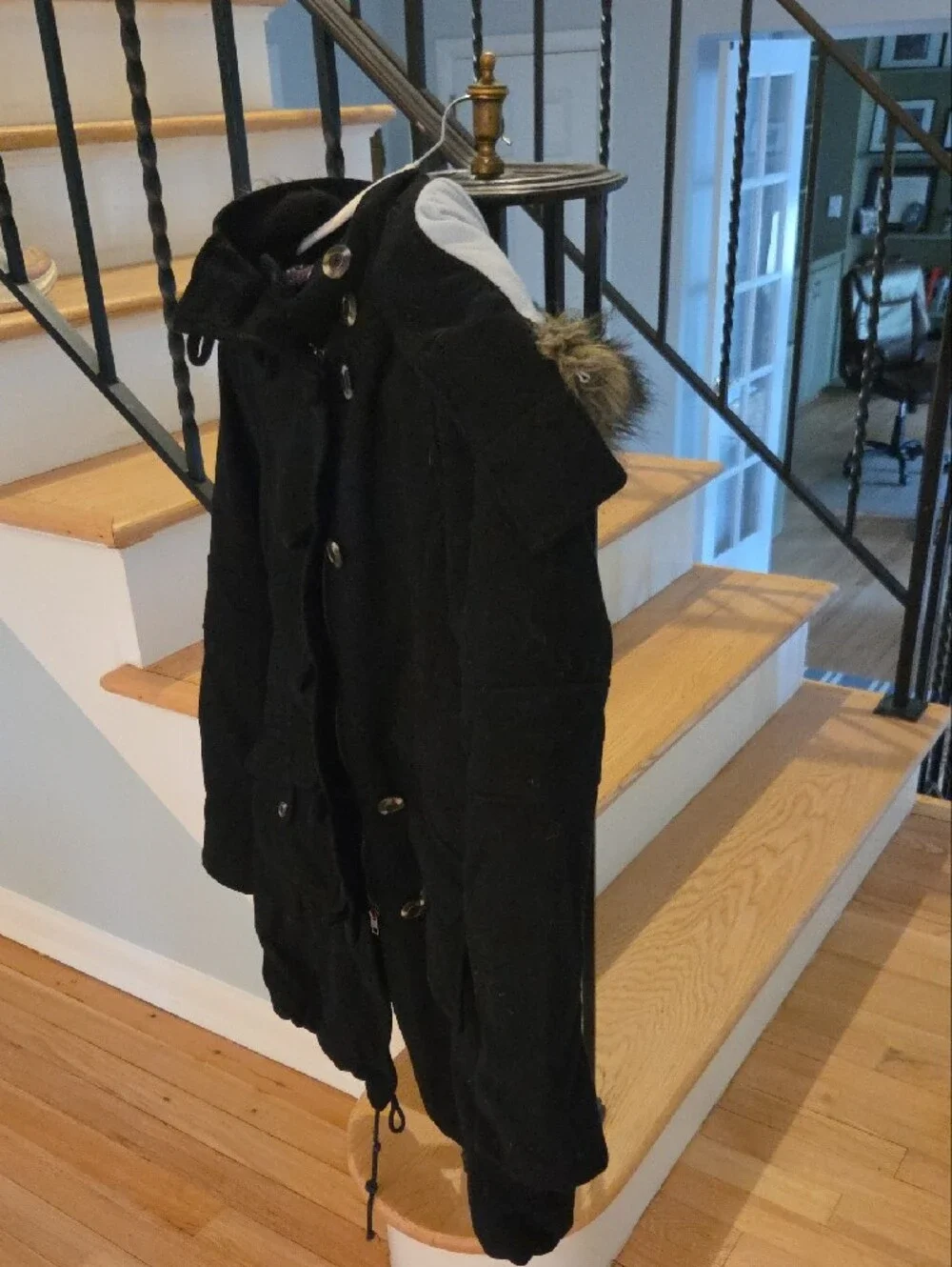 Free People Black Hooded Puffer Coat with Faux Fur Trim, 10 - Vintage